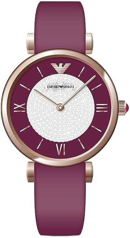 Emporio Armani Gianni T Bar Crystals Maroon Dial Maroon Leather Strap Watch for Women - AR11487