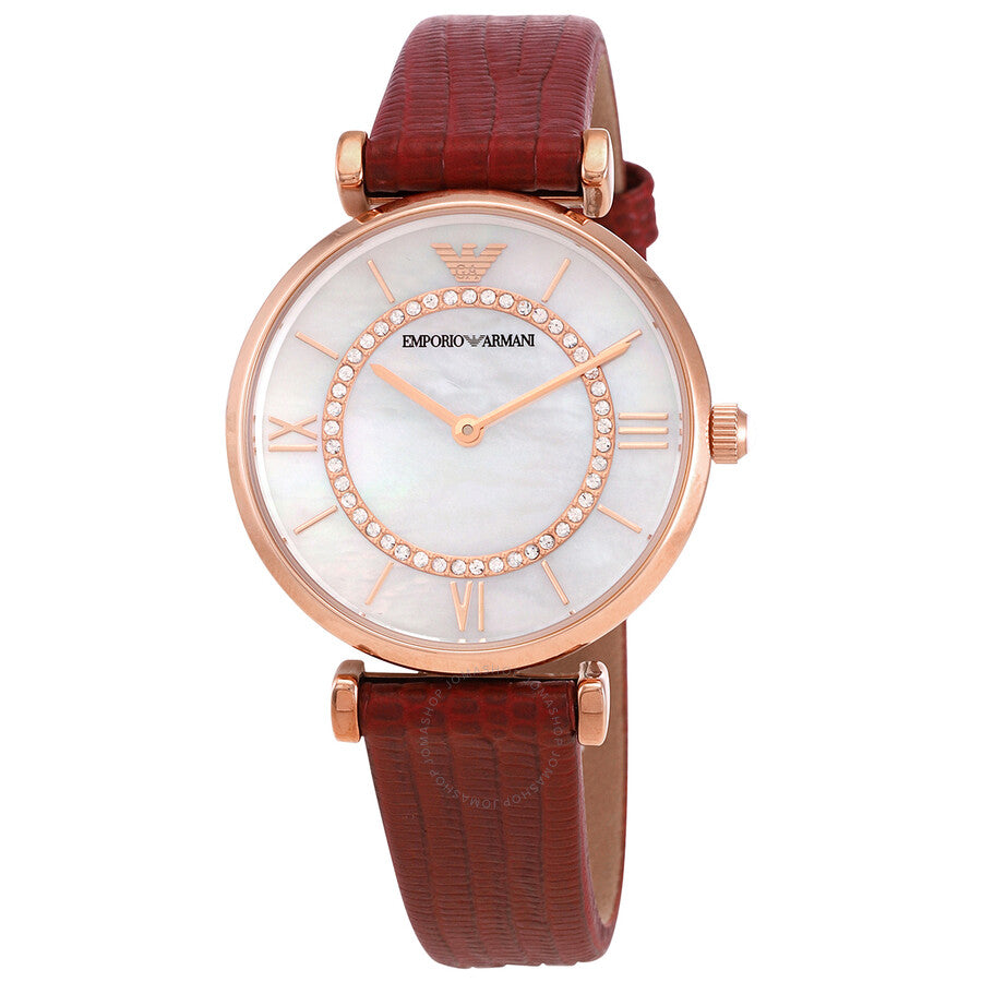 Emporio Armani Gianni T-Bar Analog Mother of Pearl Dial Red Leather Strap Watch For Women - AR11322