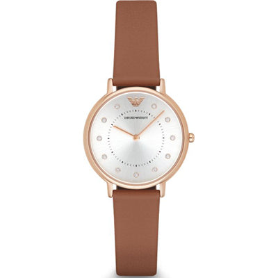 Emporio Armani Classic Analog Silver Dial Brown Leather Strap Watch For Women - AR8040