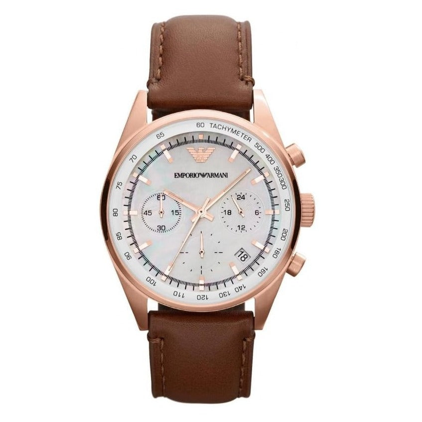 Emporio Armani Sportivo Chronograph White Dial Brown Leather Strap Watch For Men - AR5996