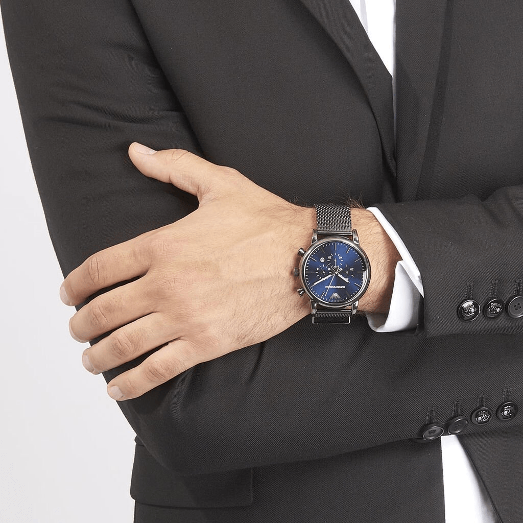 Emporio Armani Chronograph Blue Dial Gun Metallic Mesh Bracelet Watch For Men - AR1979