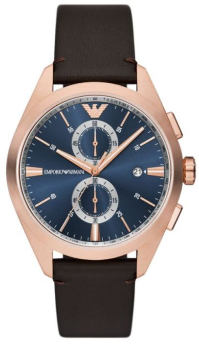 Emporio Armani Claudio Chronograph Blue Dial Brown Leather Strap Watch For Men - AR11554