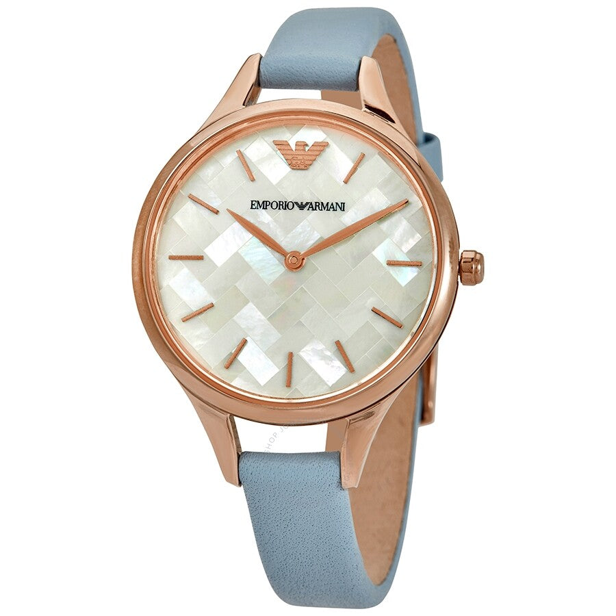 Emporio Armani Aurora Quartz Mother of Pearl White Dial Blue Leather Strap Watch For Women - AR11109