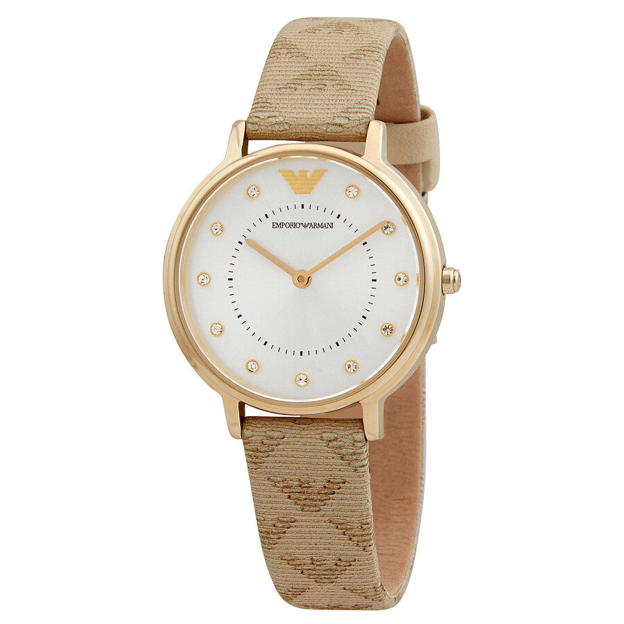 Emporio Armani Kappa Quartz Silver Dial Beige Leather Strap Watch For Women - AR11042