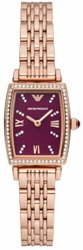 Emporio Armani Two Hand Diamonds Burgundy Dial Rose Gold Steel Strap Watch For Women - AR11488