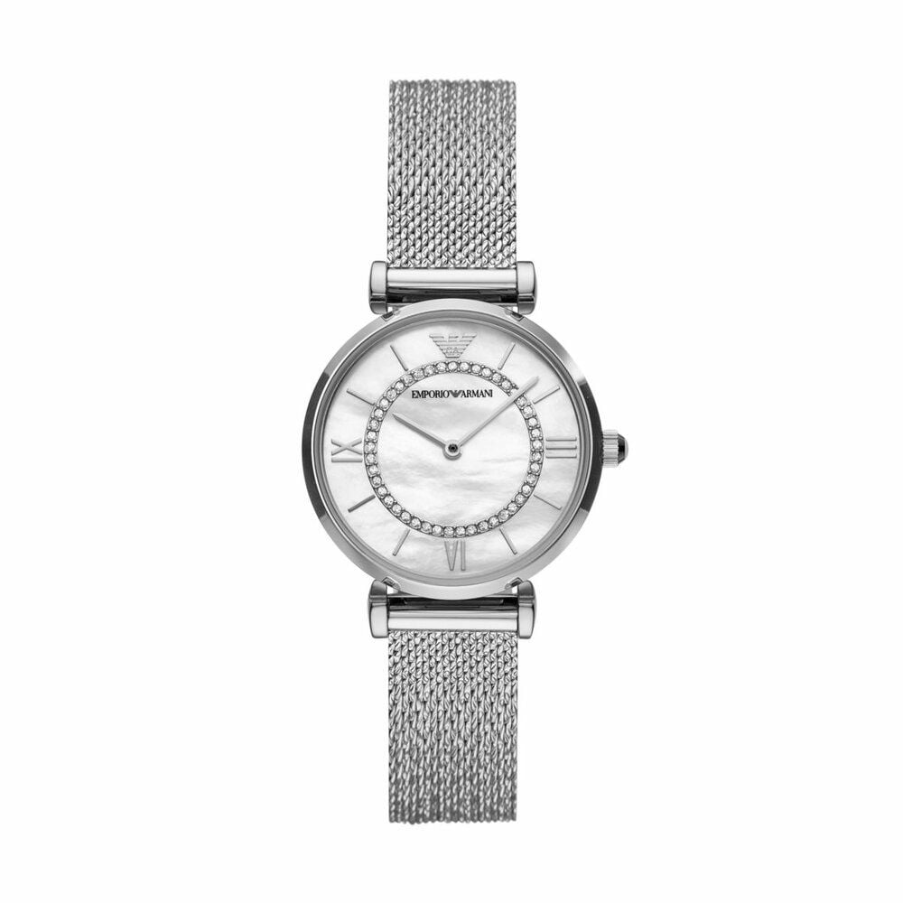 Emporio Armani Gianni T-Bar Quartz Mother of Pearl Dial Silver Mesh Bracelet Watch For Women - AR11319