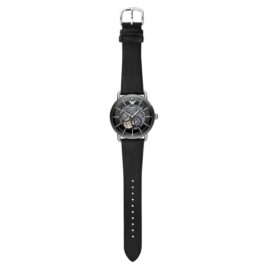 Emporio Armani Meccanico Skeleton Black Dial Black Leather Strap Watch For Men - AR60026