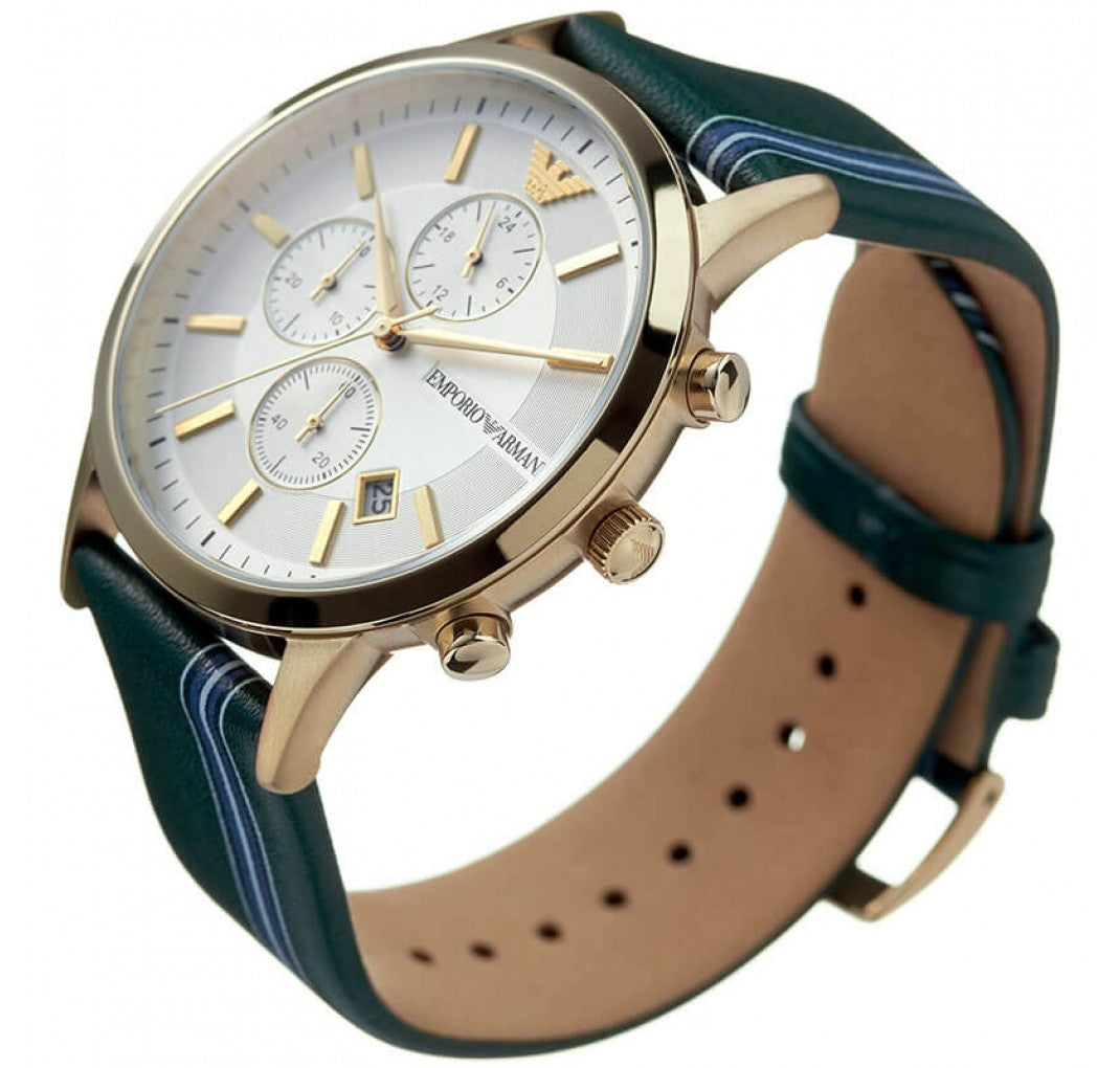 Emporio Armani Renato Chronograph Silver Dial Green Leather Strap Watch For Men - AR11233