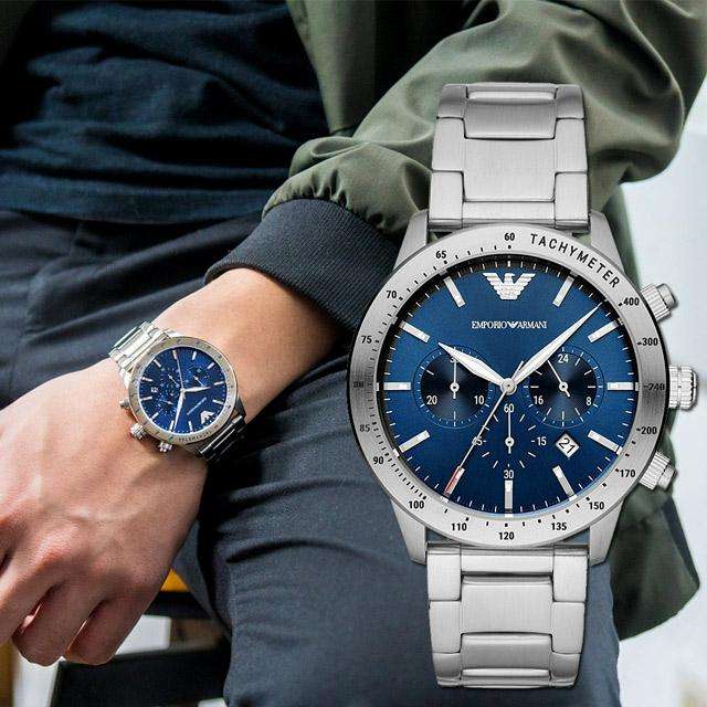 Emporio Armani Mario Chronograph Blue Dial Silver Steel Strap Watch For Men - AR11306