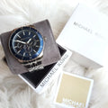 Michael Kors Cunningham Multifunction Blue Dial Silver Steel Strap Watch For Men - MK7153