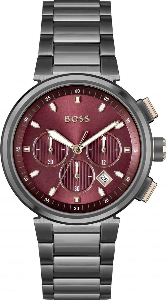 Hugo Boss One Chronograph Red Dial Grey Steel Strap Watch For Men - 1514000