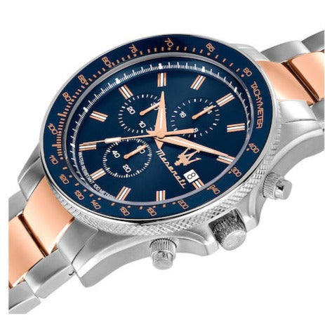 Maserati SFIDA Chronograph Blue Dial Two Tone Steel Strap Watch For Men - R8873640012