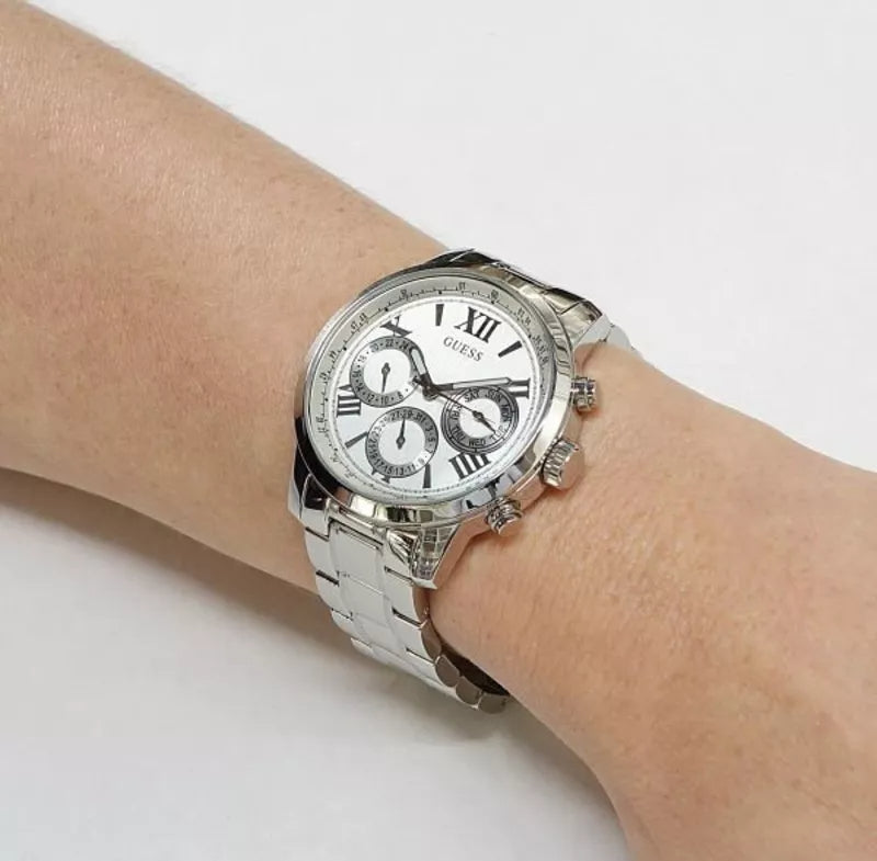 Guess Sunrise Multifunction Quartz White Dial Silver Steel Strap Watch For Women - W0330L3