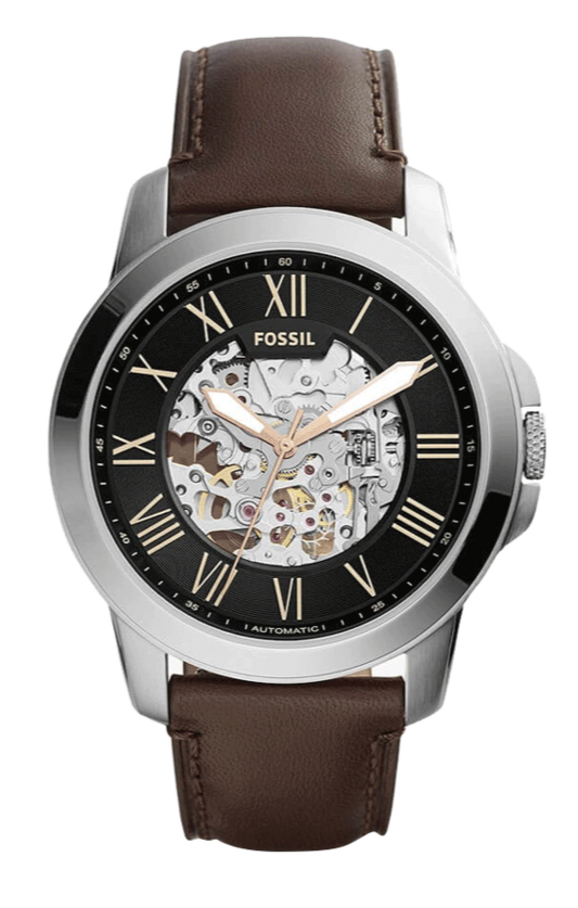 Fossil Grant Automatic Skeleton Black Dial Brown Leather Strap Watch for Men - ME3100