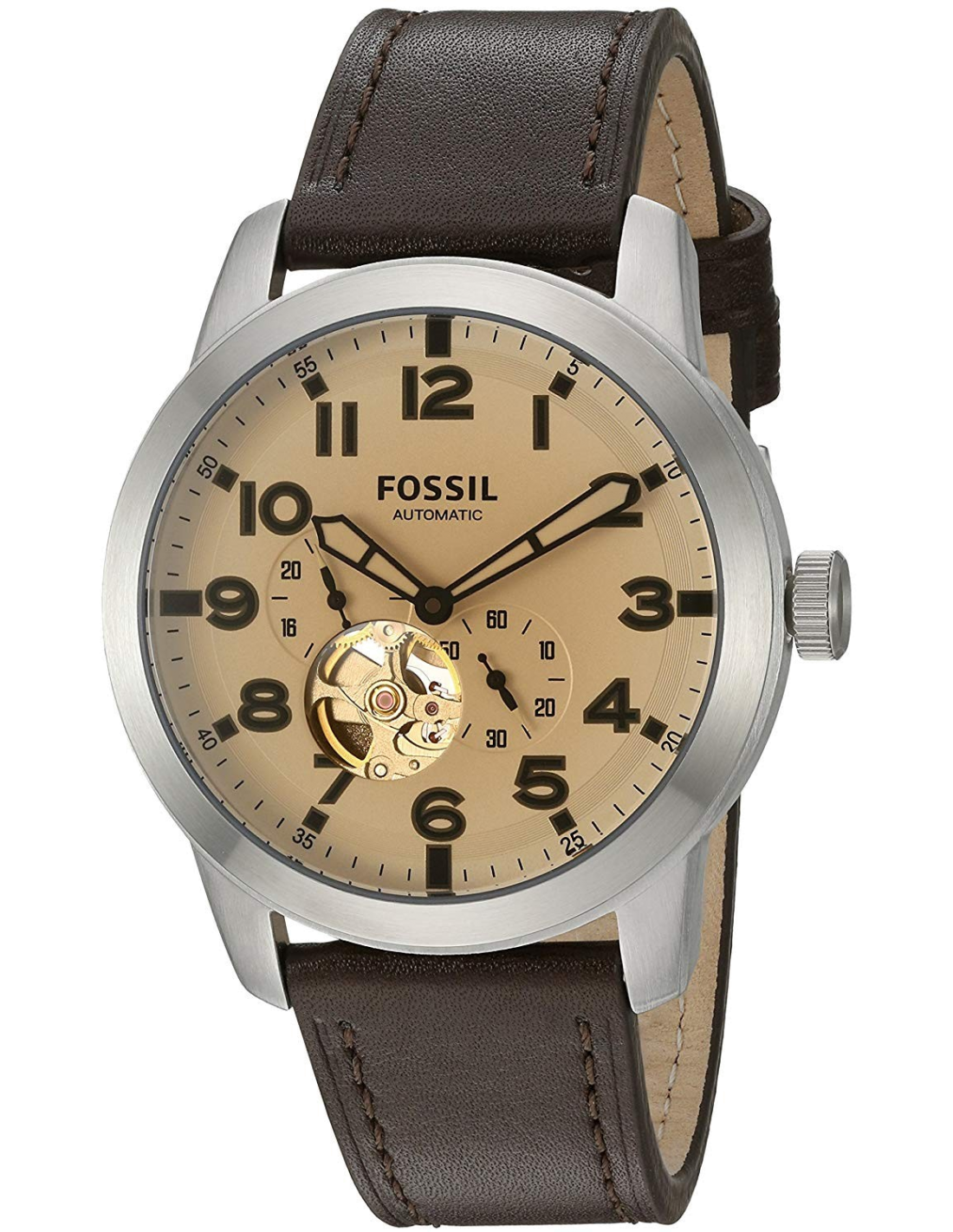 Fossil Pilot 54 Automatic Cream Dial Brown Leather Strap Watch for Men - ME3119