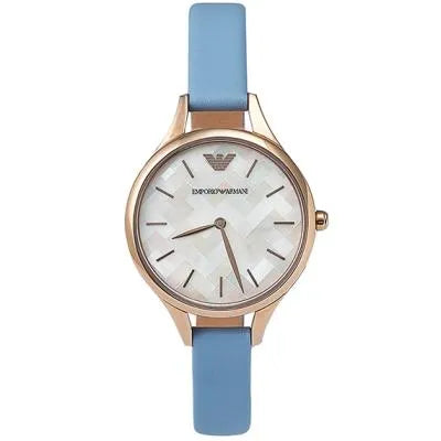 Emporio Armani Aurora Quartz Mother of Pearl White Dial Blue Leather Strap Watch For Women - AR11109