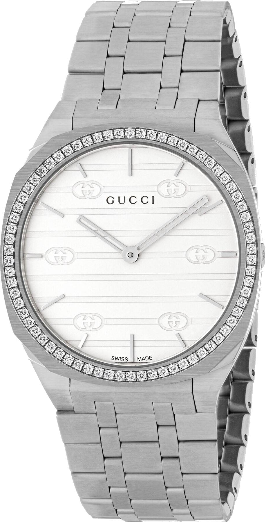 Gucci 25H Quartz Diamonds Silver Dial Silver Steel Strap Watch for Women - YA163401