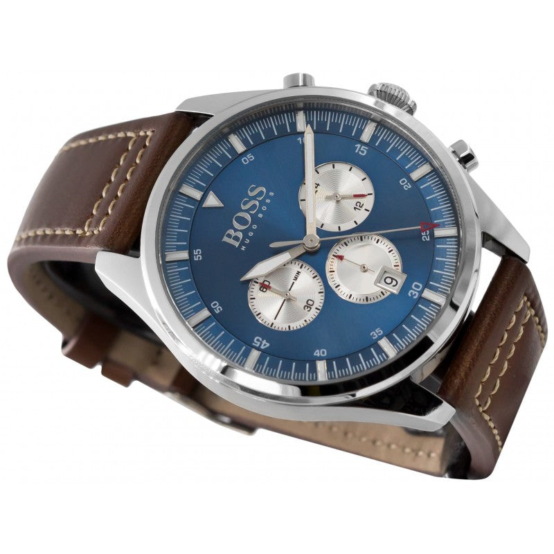 Hugo Boss Pioneer Chronograph Blue Dial Brown Leather Strap Watch For Men - 1513709