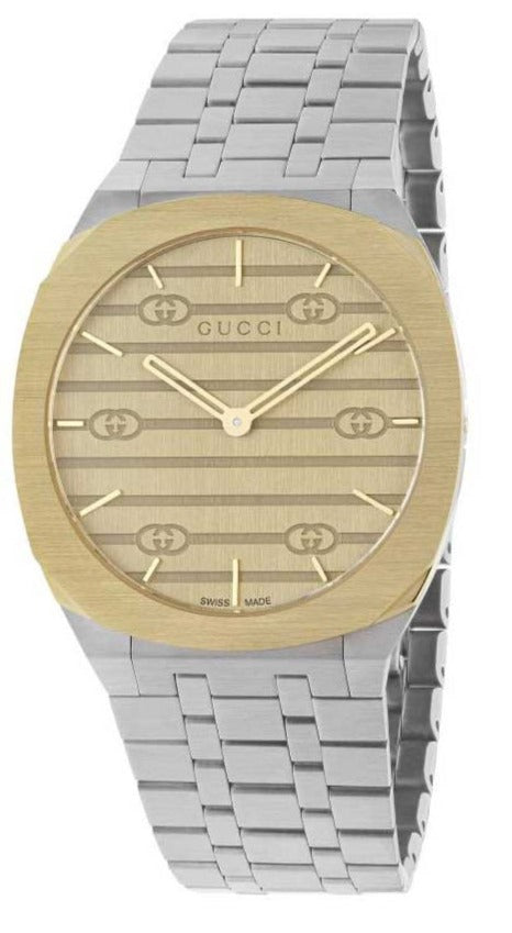 Gucci 25H Quartz Gold Dial Silver Steel Strap Watch for Men - YA163405