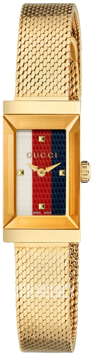 Gucci G Frame Quartz Diamonds White Red Blue Dial Gold Mesh Bracelet Watch For Women - YA147511