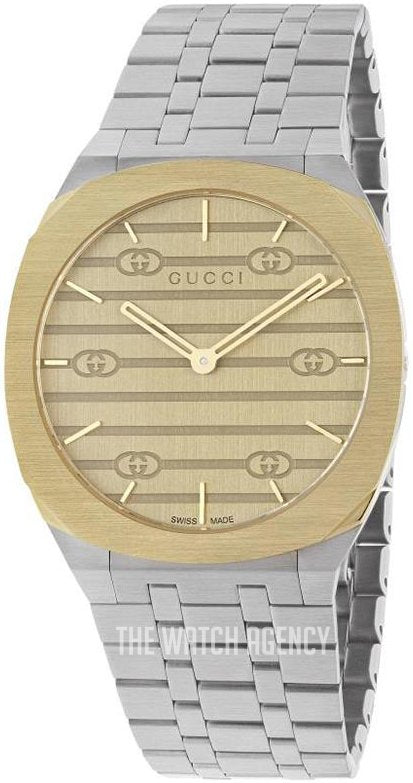 Gucci 25H Quartz Gold Dial Silver Steel Strap Watch for Men - YA163405