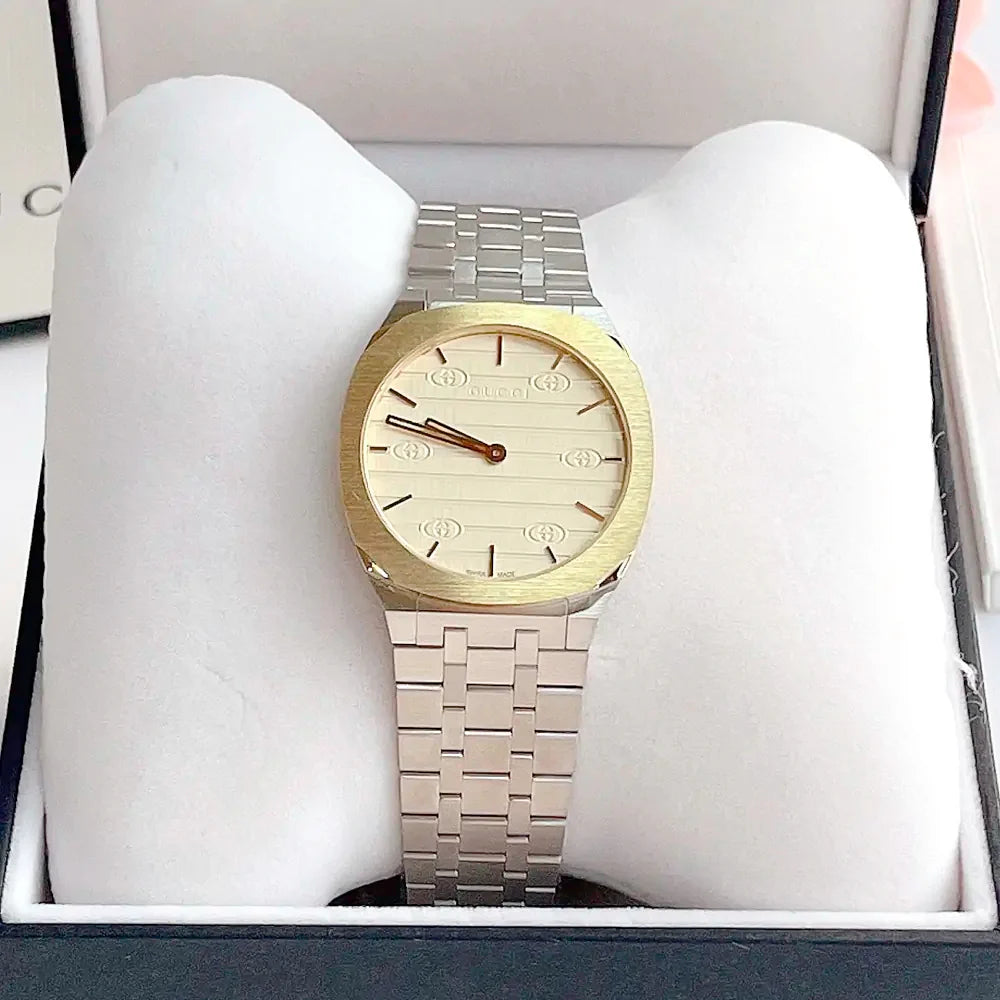 Gucci 25H Quartz Gold Dial Silver Steel Strap Watch for Men - YA163405