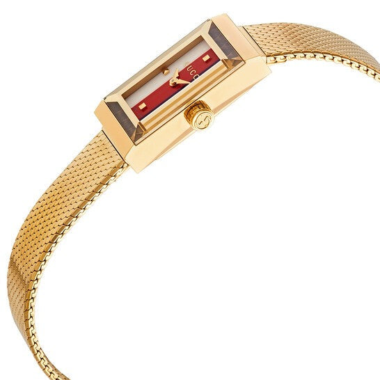 Gucci G Frame Quartz Diamonds White Red Blue Dial Gold Mesh Bracelet Watch For Women - YA147511