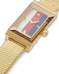 Gucci G Frame Quartz Diamonds White Red Blue Dial Gold Mesh Bracelet Watch For Women - YA147511