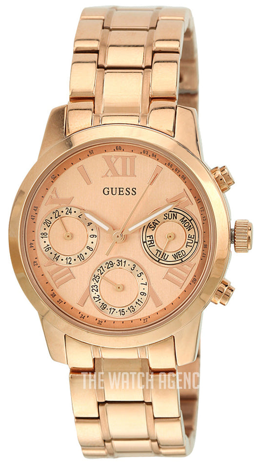 Guess Mini Sunrise Chronograph Quartz Rose Gold Dial Rose Gold Steel Strap Watch For Women - W0448L3