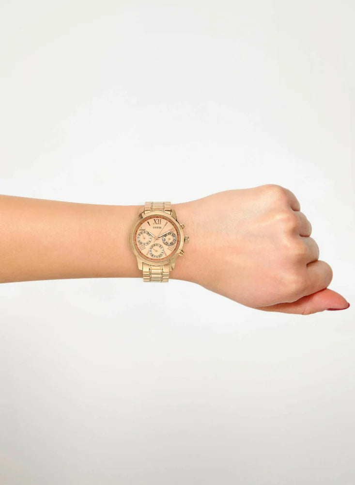 Guess Mini Sunrise Chronograph Quartz Rose Gold Dial Rose Gold Steel Strap Watch For Women - W0448L3