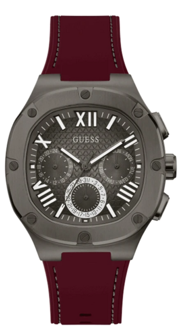 Guess Headline Multifunction Grey Dial Burgundy Silicone Strap Watch For Men - GW0571G4