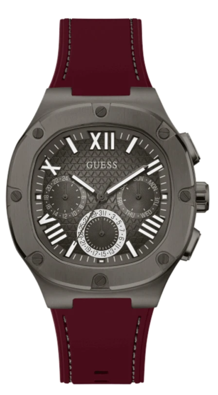 Guess Headline Multifunction Grey Dial Burgundy Silicone Strap Watch For Men - GW0571G4