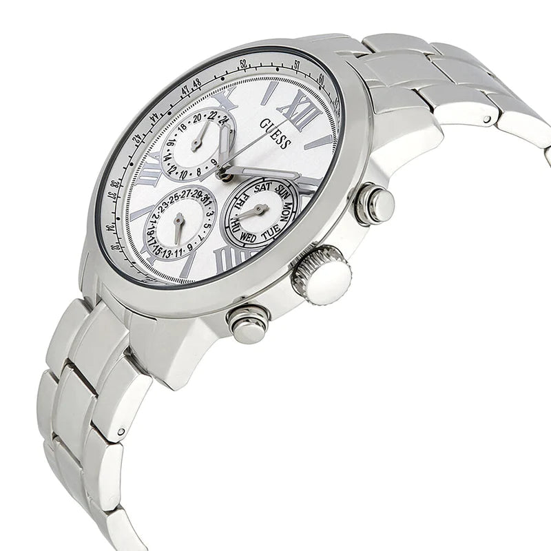 Guess Sunrise Multifunction Quartz White Dial Silver Steel Strap Watch For Women - W0330L3