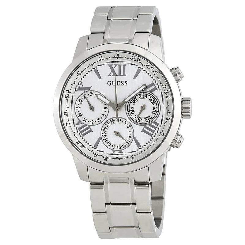 Guess Sunrise Multifunction Quartz White Dial Silver Steel Strap Watch For Women - W0330L3