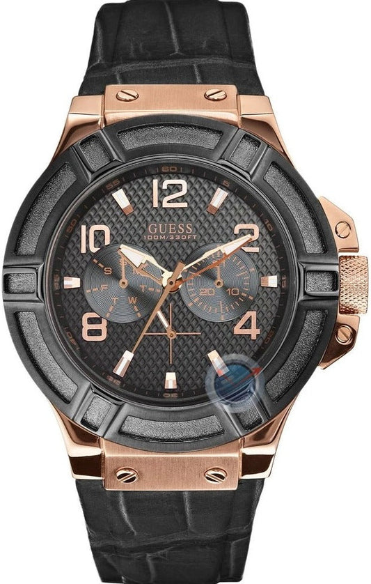 Guess Rigor Analog Black Dial Black Leather Strap Watch For Men - W0040G5