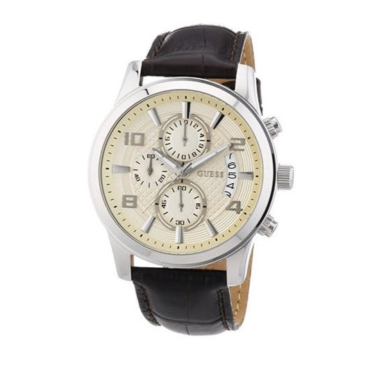 Guess Exec Chronograph White Dial Brown Leather Strap Watch For Men - W0076G2