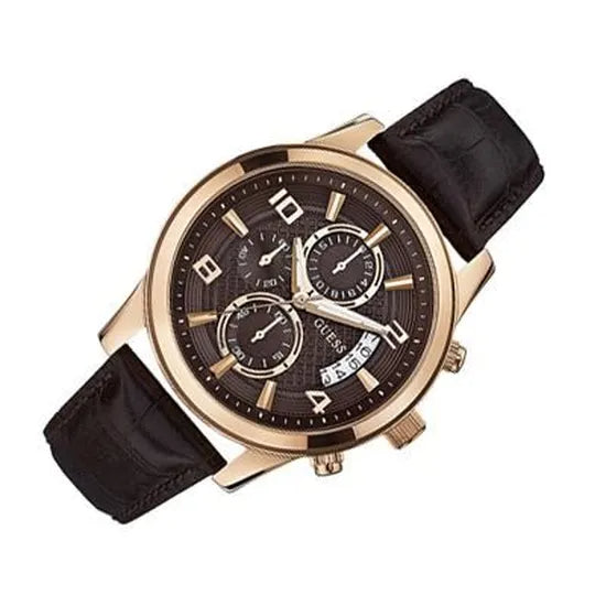 Guess Exec Chronograph Brown Dial Brown Leather Strap Watch For Men - W0076G4