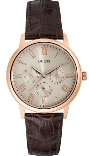Guess Wafer Quartz Beige Dial Brown Leather Strap Watch For Men - W0496G1