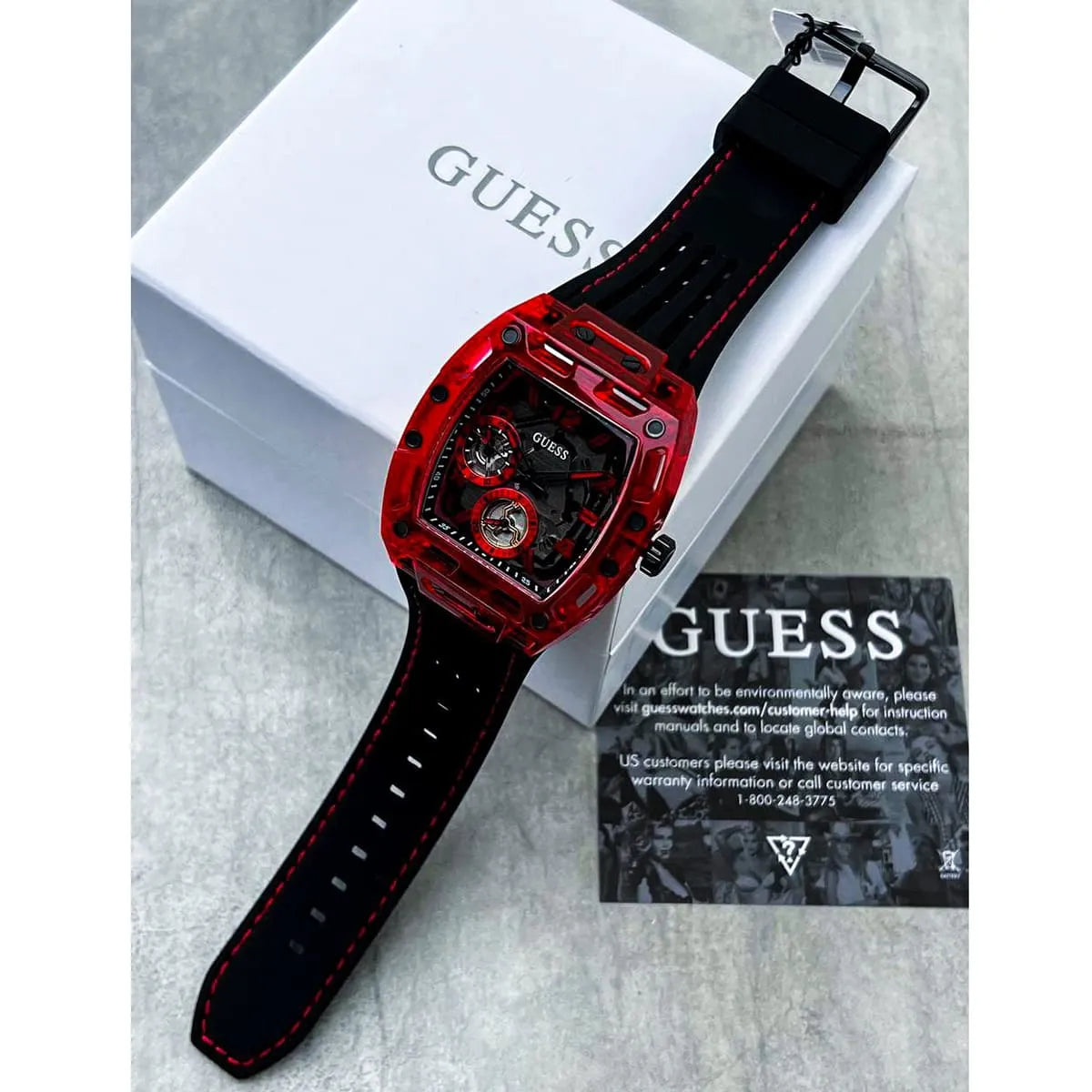 Guess Phoenix Multifunction Analog Red Dial Black Silicone Strap Watch For Men - GW0499G4