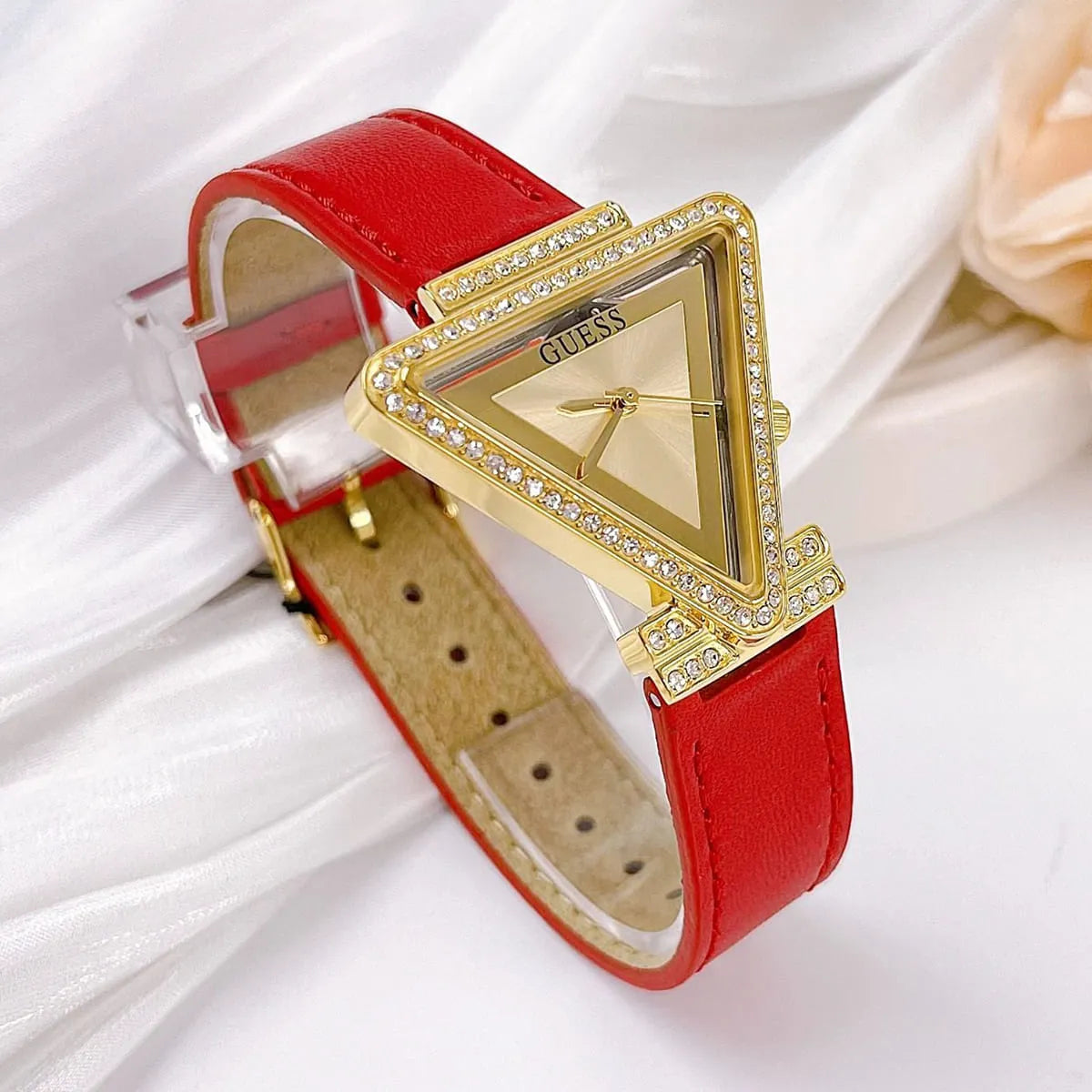 Guess Fame Quartz Gold Dial Red Leather Strap Watch For Women - GW0504L2