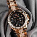 Michael Kors Everest Chronograph Black Dial Rose Gold Steel Strap Watch For Women - MK5875