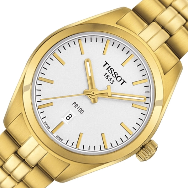 Tissot T Classic PR 100 Lady White Dial Gold Steel Strap Watch for Women - T101.210.33.031.00