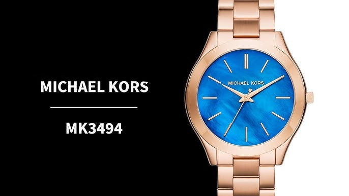 Michael Kors Slim Runway Quartz Blue Dial Rose Gold Steel Strap Watch For Women - MK3494