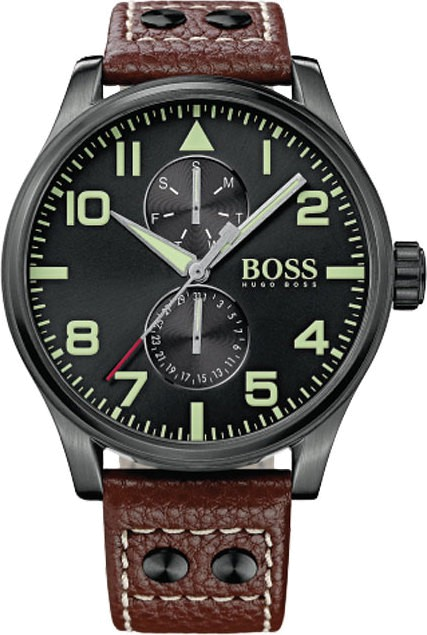 Hugo Boss Aeroliner Maxx Black Dial Brown Leather Strap Watch For Men - 1513079