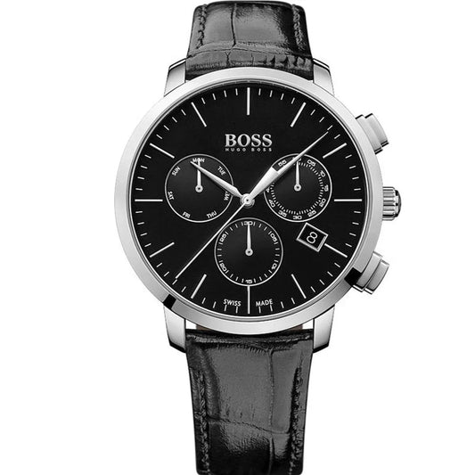 Hugo Boss Chronograph Black Dial Black Leather Strap Watch For Men - 1513266