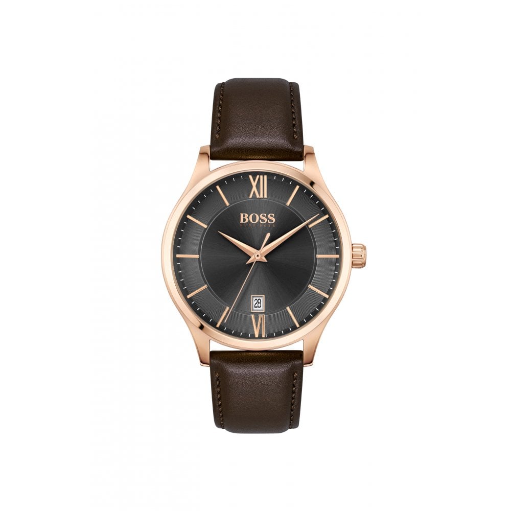 Hugo Boss Ambassador Grey Dial Brown Leather Strap Watch for Men - 1513387