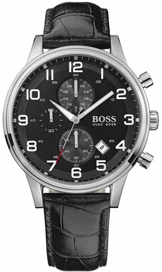 Hugo Boss Aeroliner Chronograph Black Dial Black Leather Strap Watch For Men - 1512448