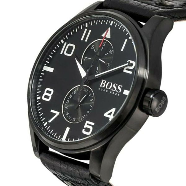 Hugo Boss Aeroliner Black Dial Black Leather Strap Watch For Men - 1513083