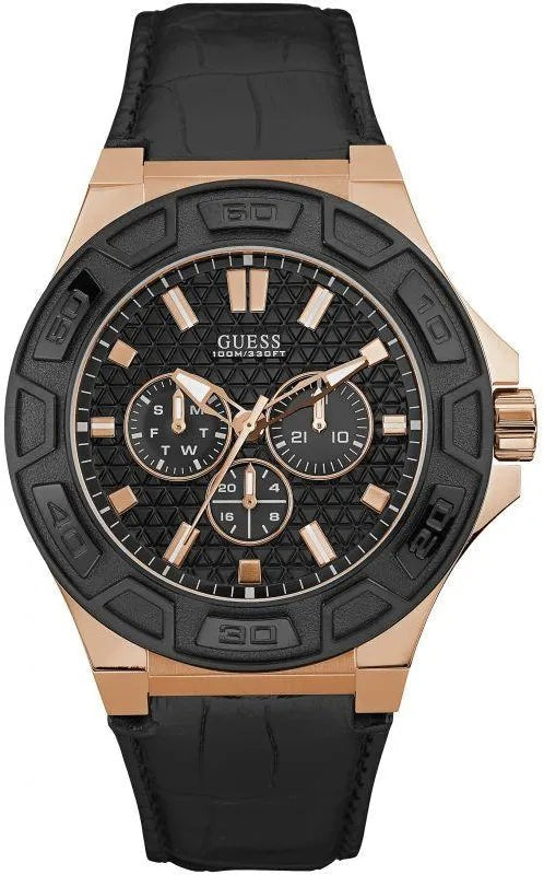 Guess Force Analog Black Dial Black Leather Strap Watch For Men - W0674G6