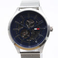 Tommy Hilfiger Spencer Skeleton Black Dial Silver Mesh Bracelet Watch for Men - 1791643